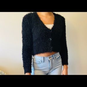 Fuzzy Black Button Down Cropped Sweater